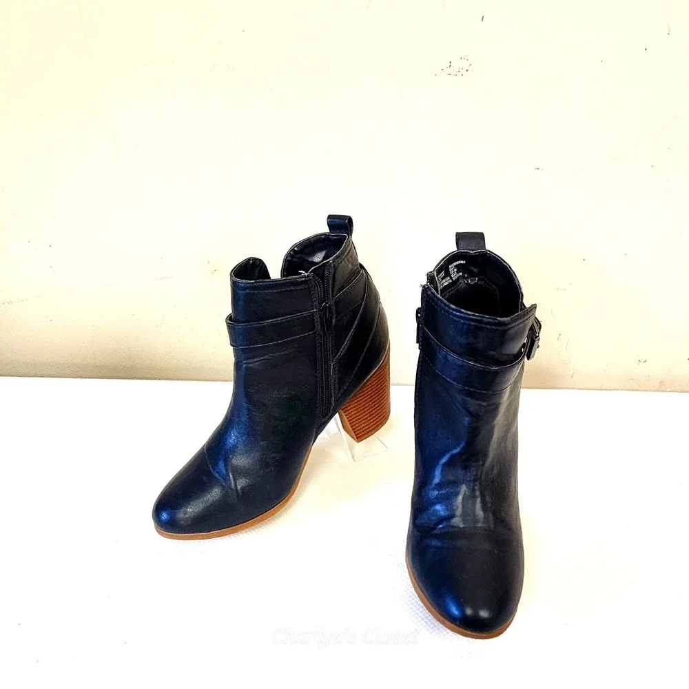 Casual Ankle Boots 8 Black Block Heel Buckle Rustic Boho Biker Mountain‎